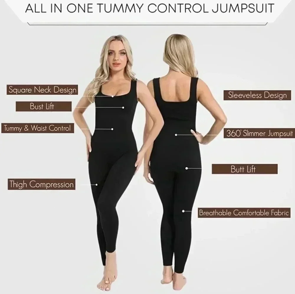 Soo slick long sleeve ribbed  Tummy Control Square Neck Ribbed  Jumpsuit.  Med